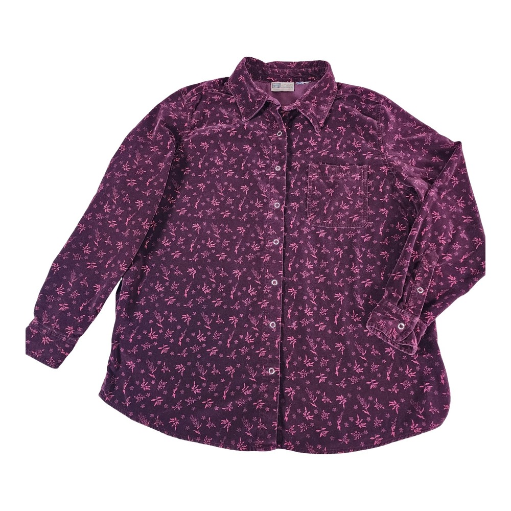 Faded Glory Womens Purple Floral Corduroy Button Down Shirt Long Sleeve Plum L